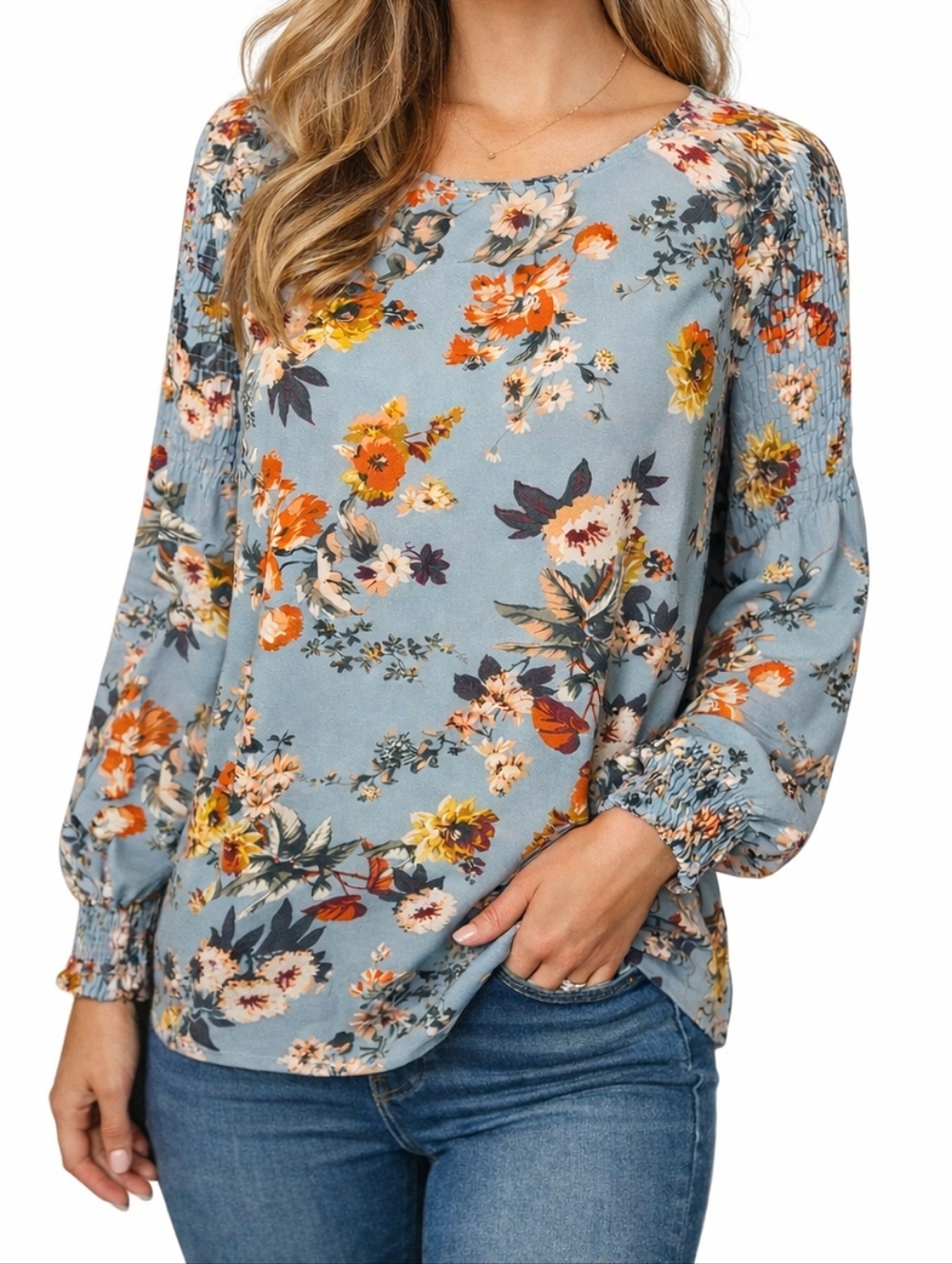 Light Blue Floral Long-Sleeve Top